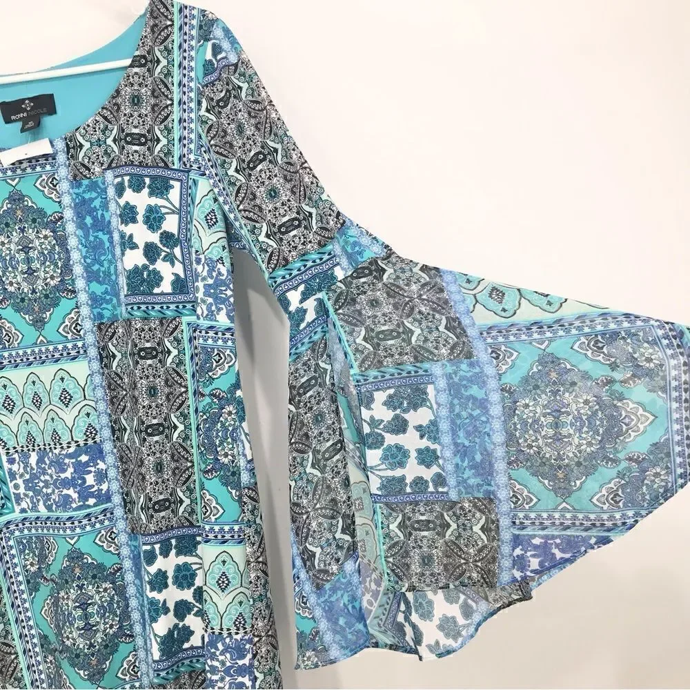 Ronni Nicole Blue Patchwork Floral Tapestry Print Bell Sleeve Sheath Dress